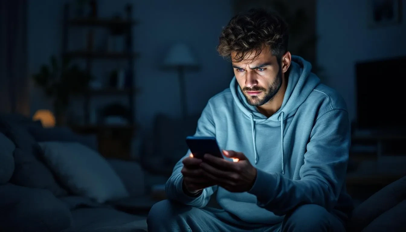 A stressed person sits on a couch, anxiously staring at their phone on a Sunday evening, embodying the 